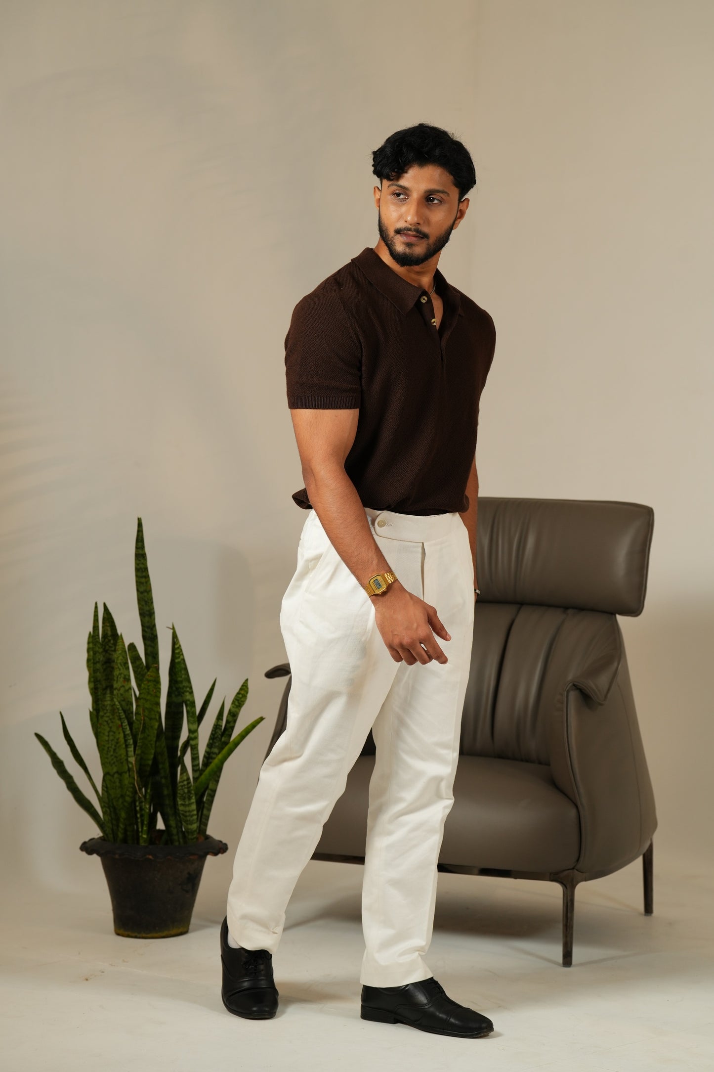 Granule Textured Luxury Knit Polo in Espresso