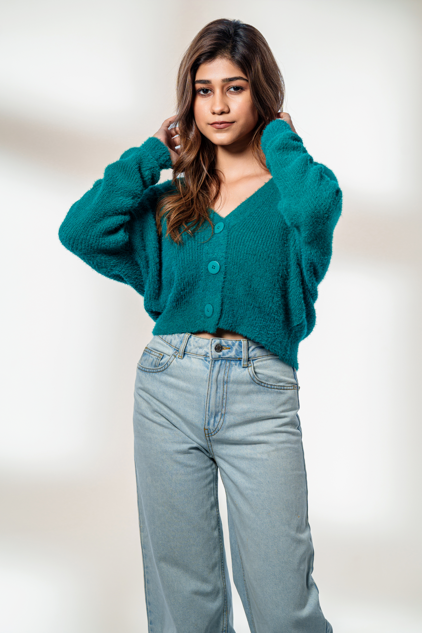 Fuzzy Teal Oversized Cardigan