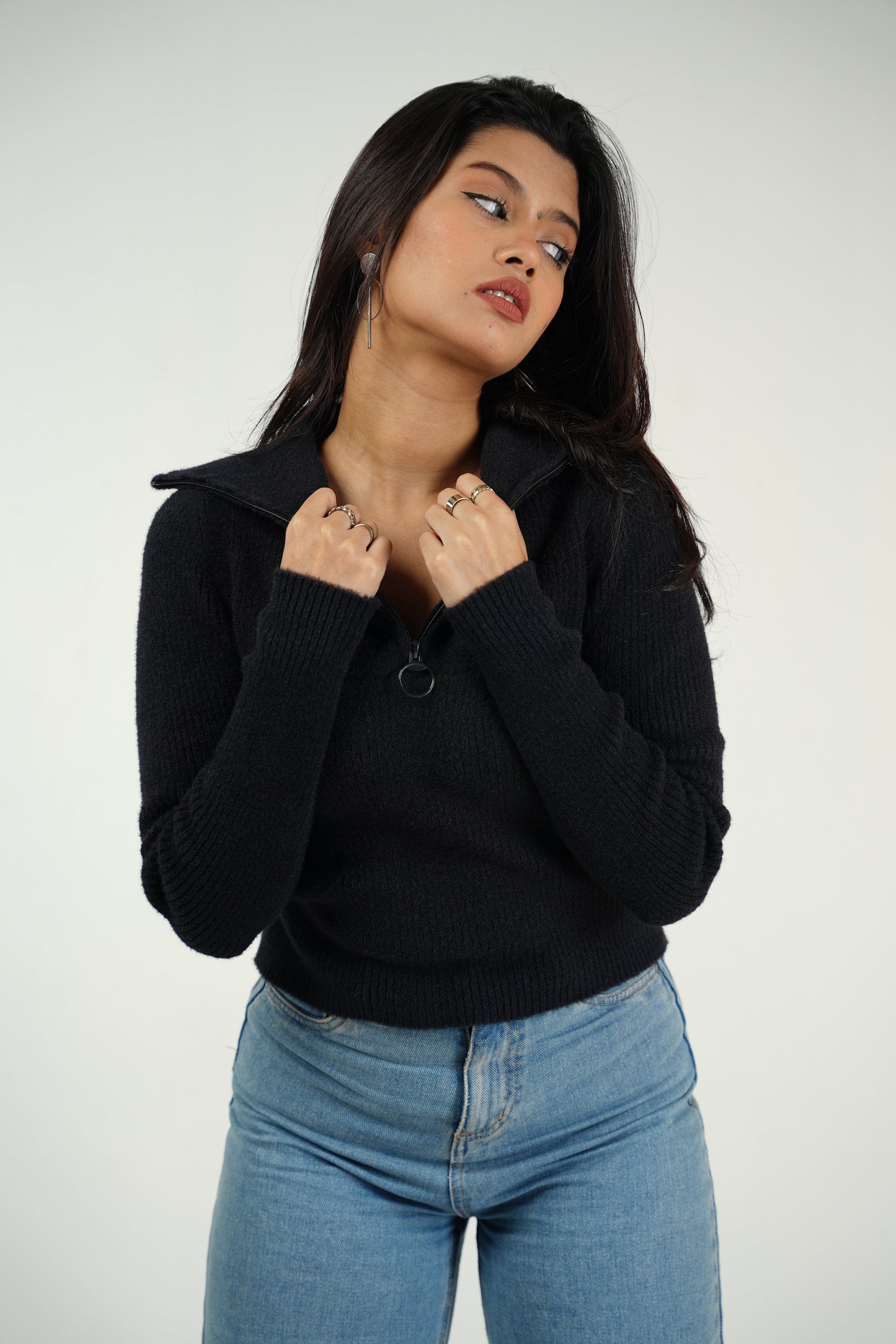Jet Black Zip Collar Jumper