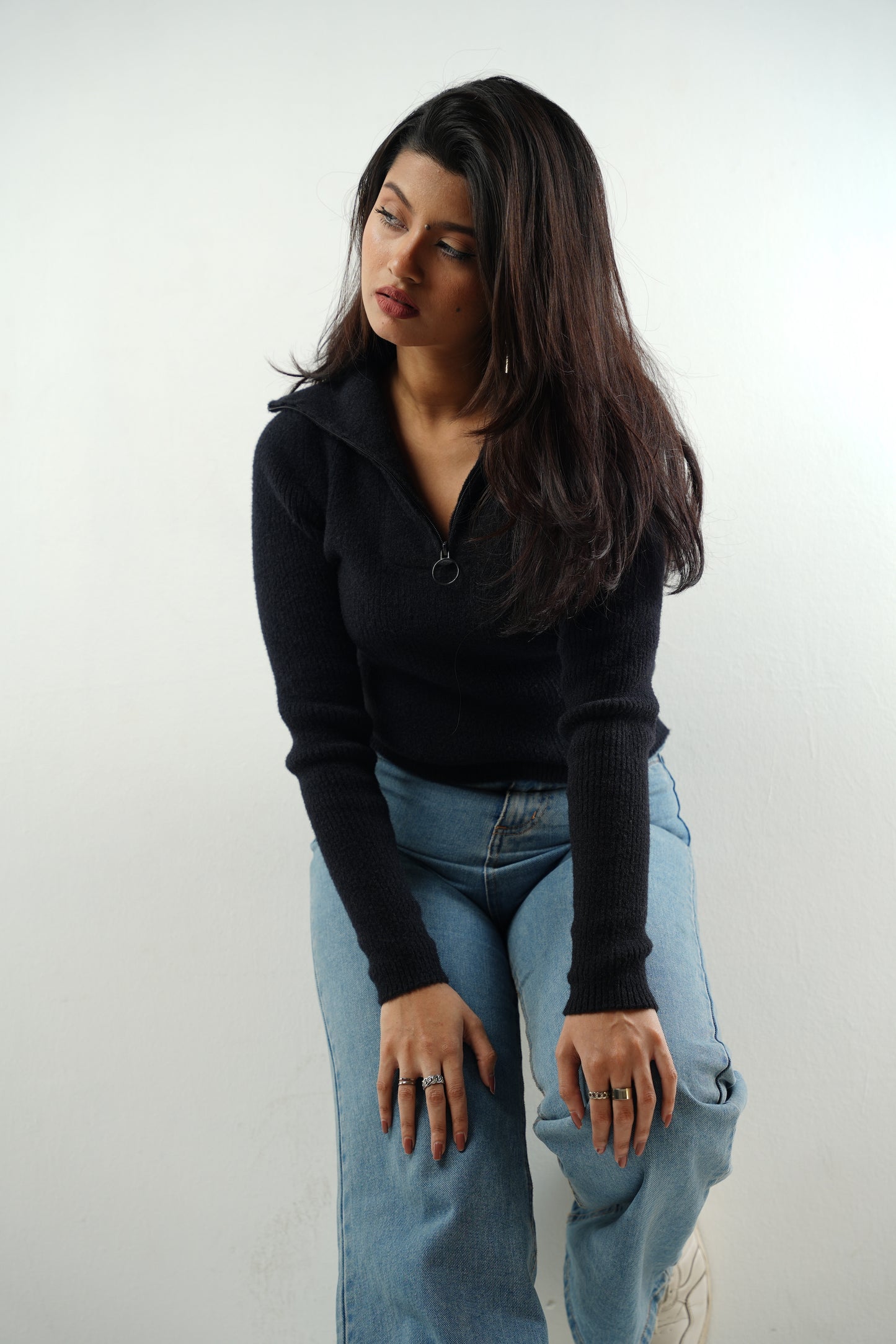 Jet Black Zip Collar Jumper