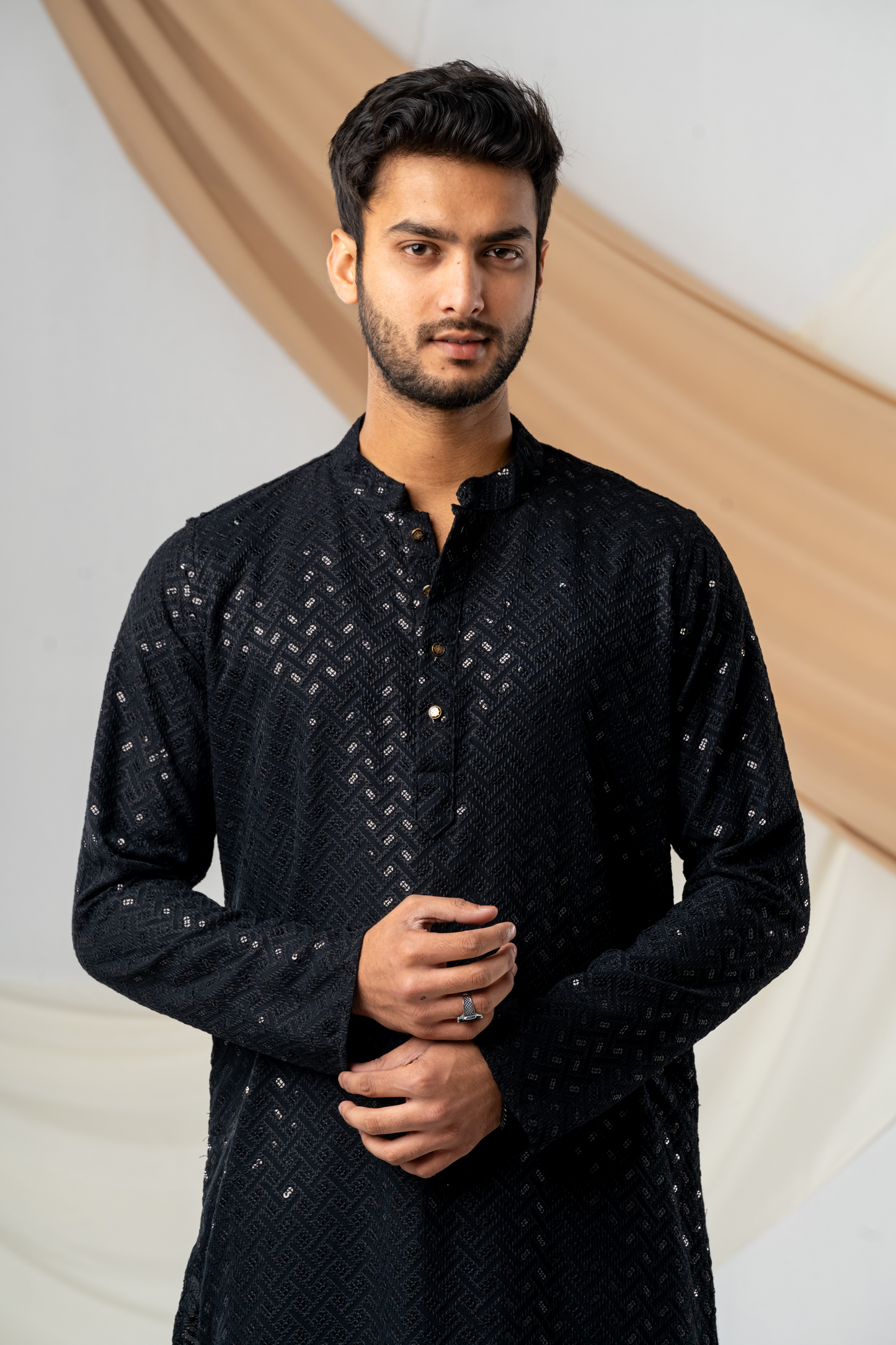 Feisal Embroidered Punjabi in Jet Black