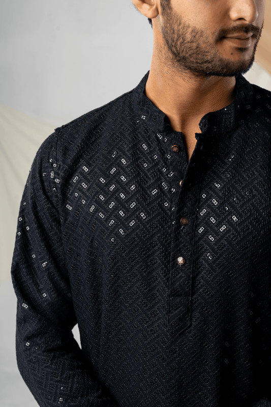 Feisal Embroidered Punjabi in Jet Black