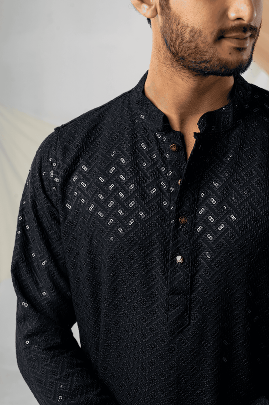 Feisal Embroidered Punjabi in Jet Black