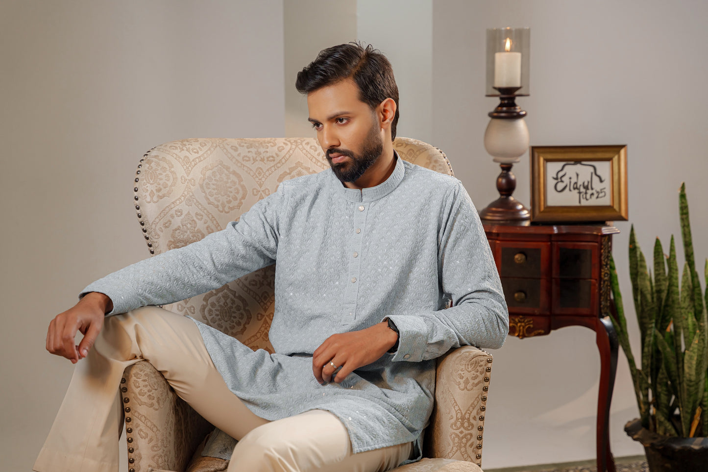 Ayaaz Embroidered Panjabi – Steel Blue