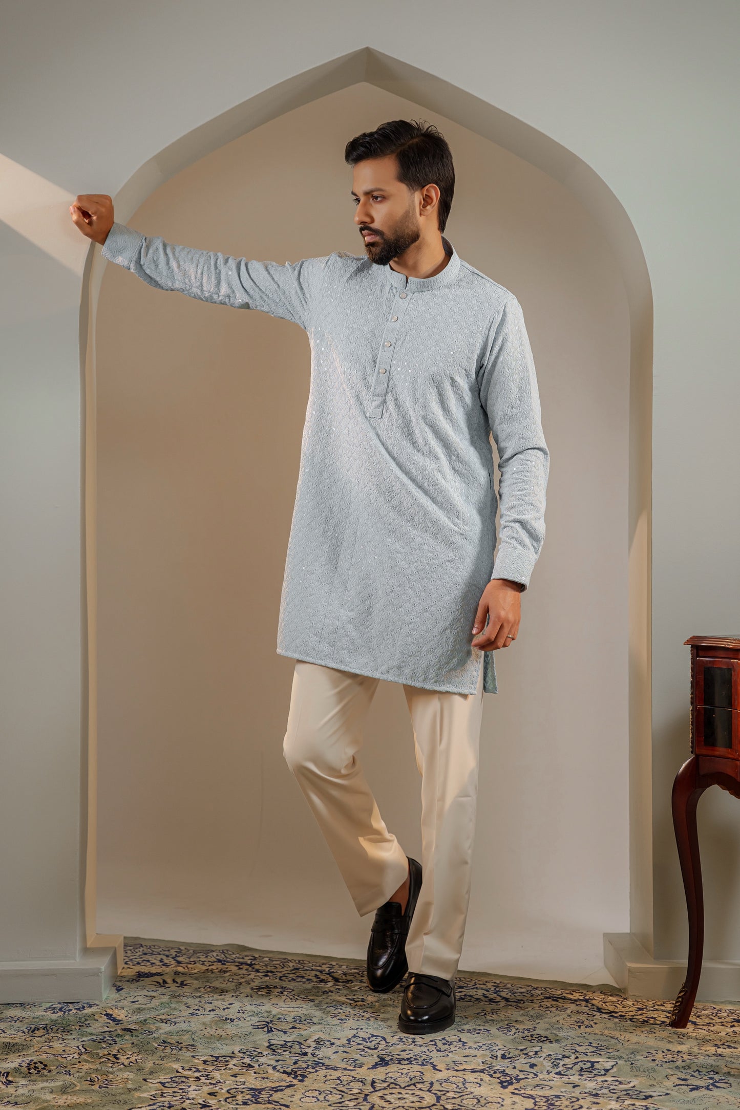 Ayaaz Embroidered Panjabi – Steel Blue