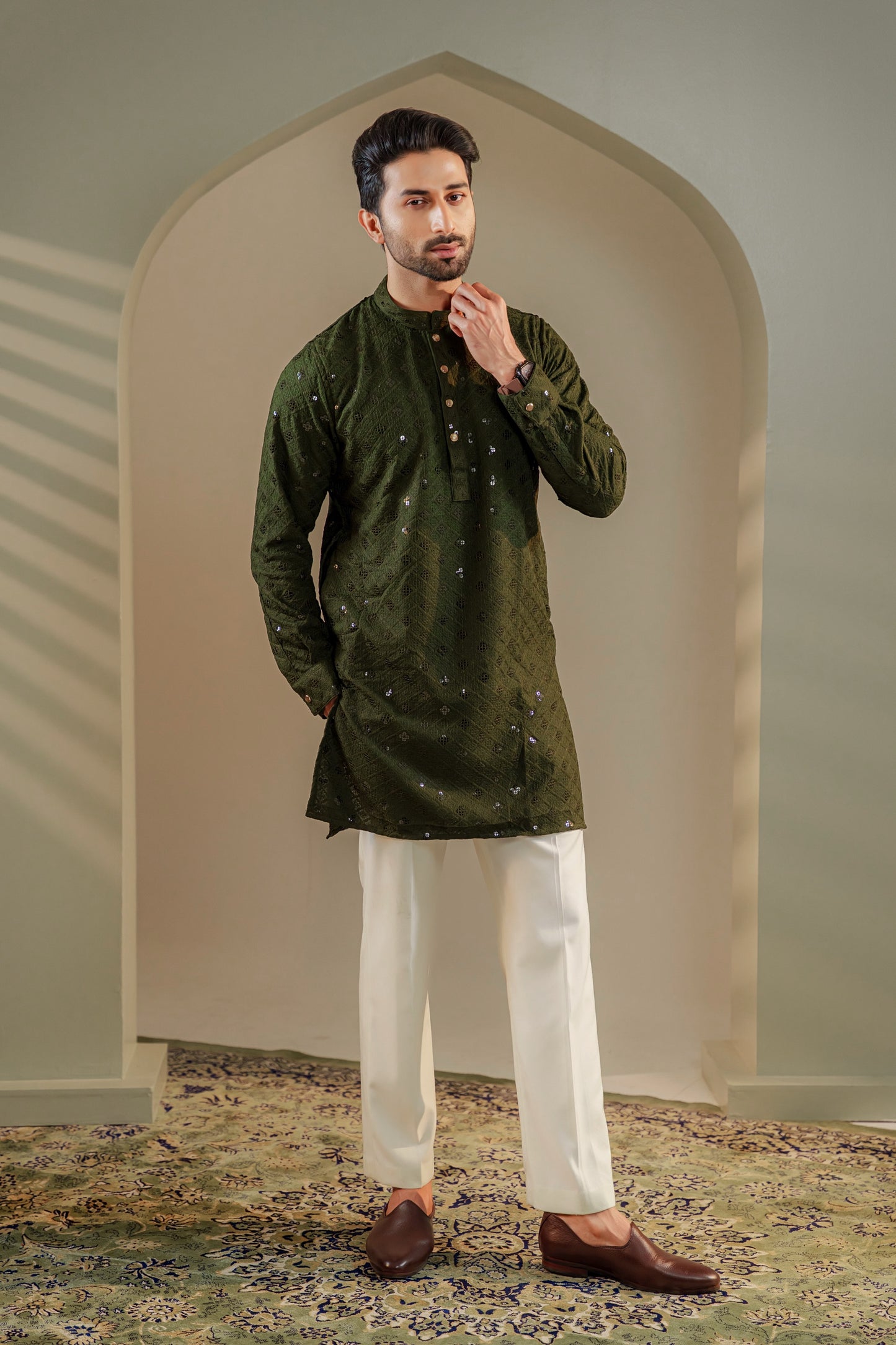 Ayaaz Embroidered Panjabi – Olive Green