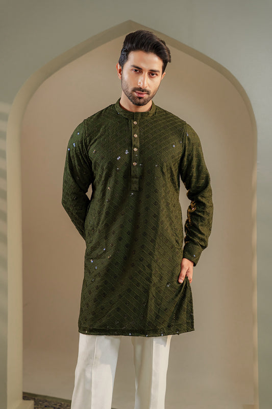 Ayaaz Embroidered Panjabi – Olive Green