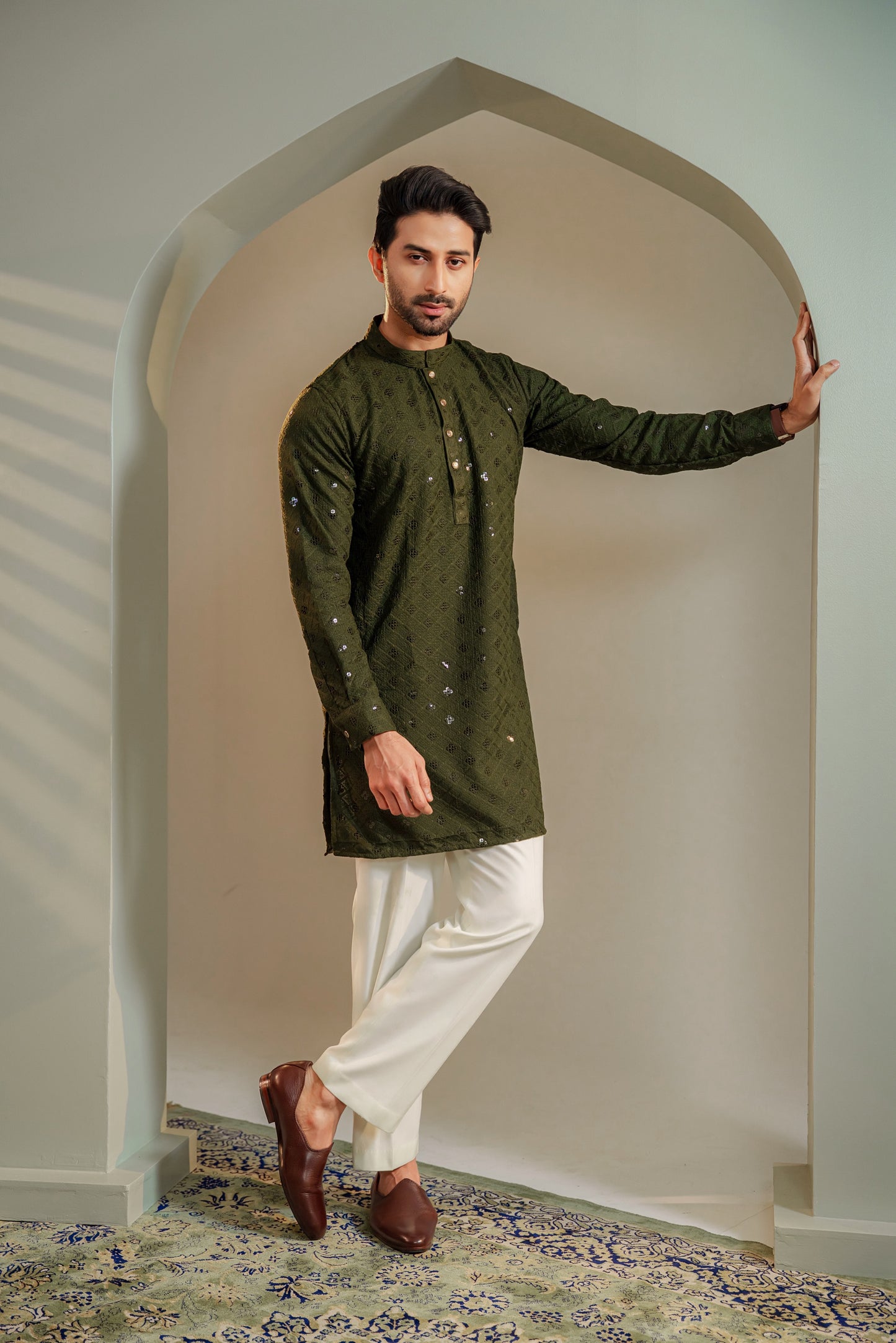 Ayaaz Embroidered Panjabi – Olive Green