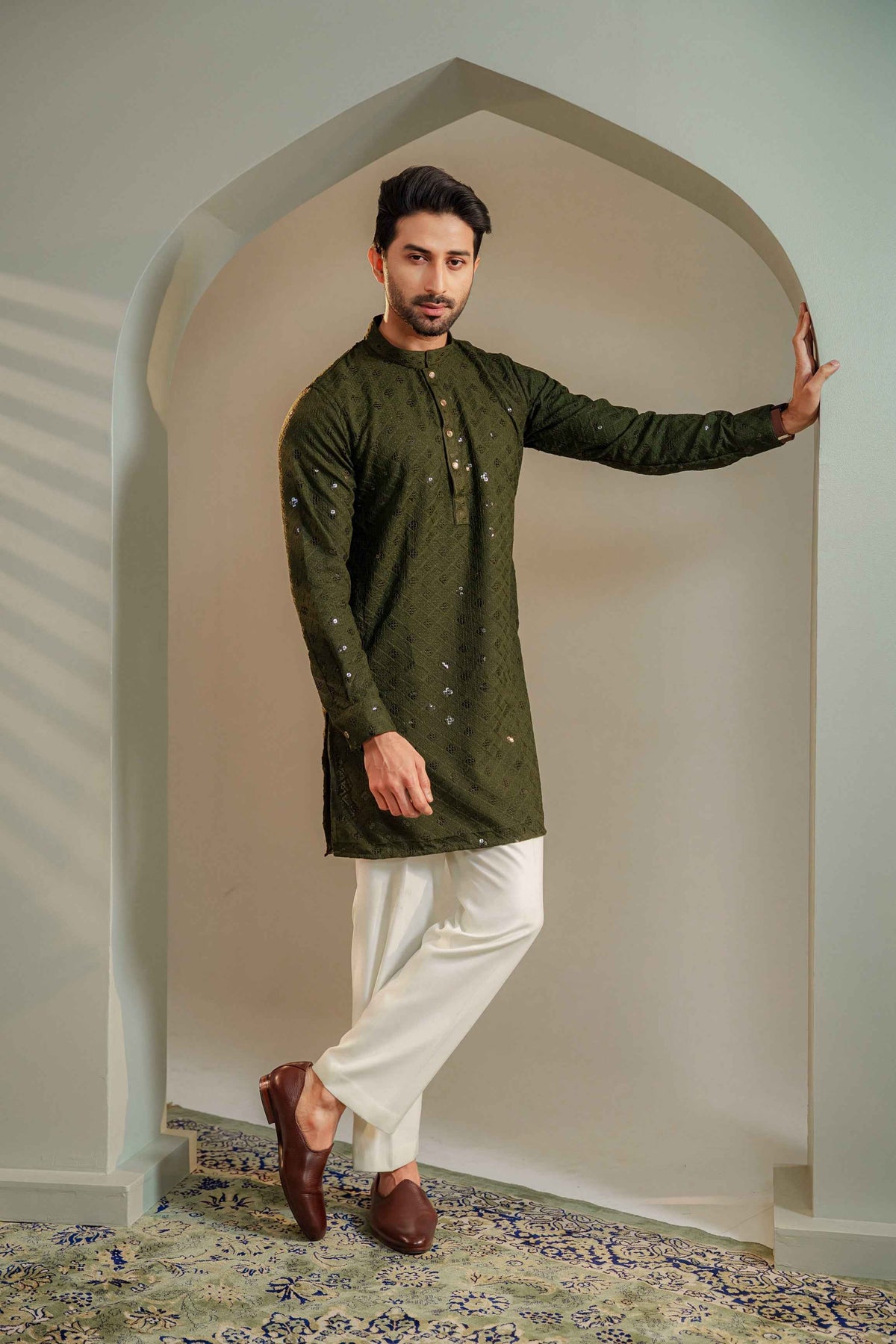 Ayaaz Embroidered Panjabi – Olive Green