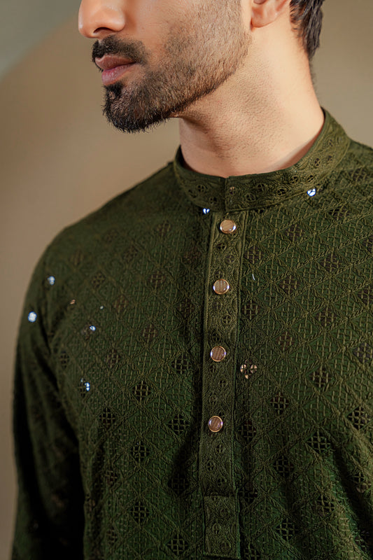 Ayaaz Embroidered Panjabi – Olive Green