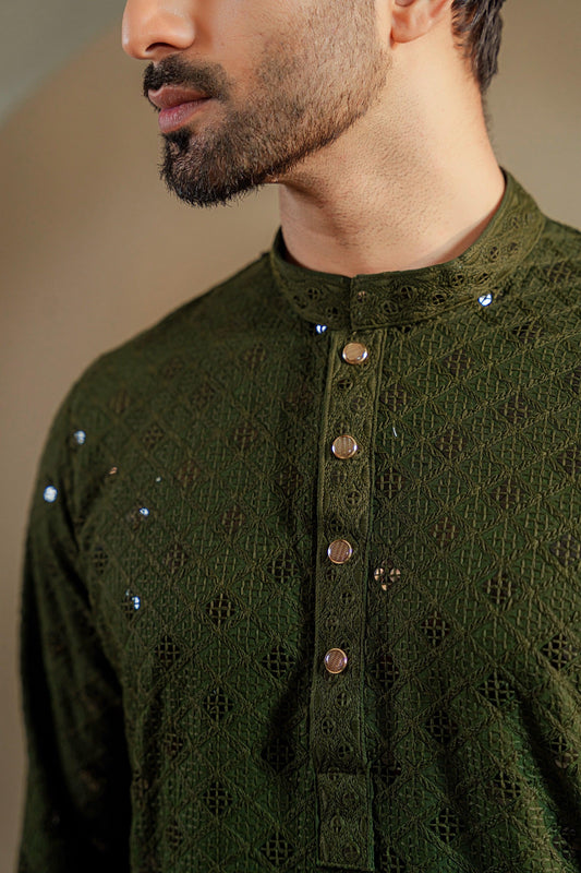 Ayaaz Embroidered Panjabi – Olive Green