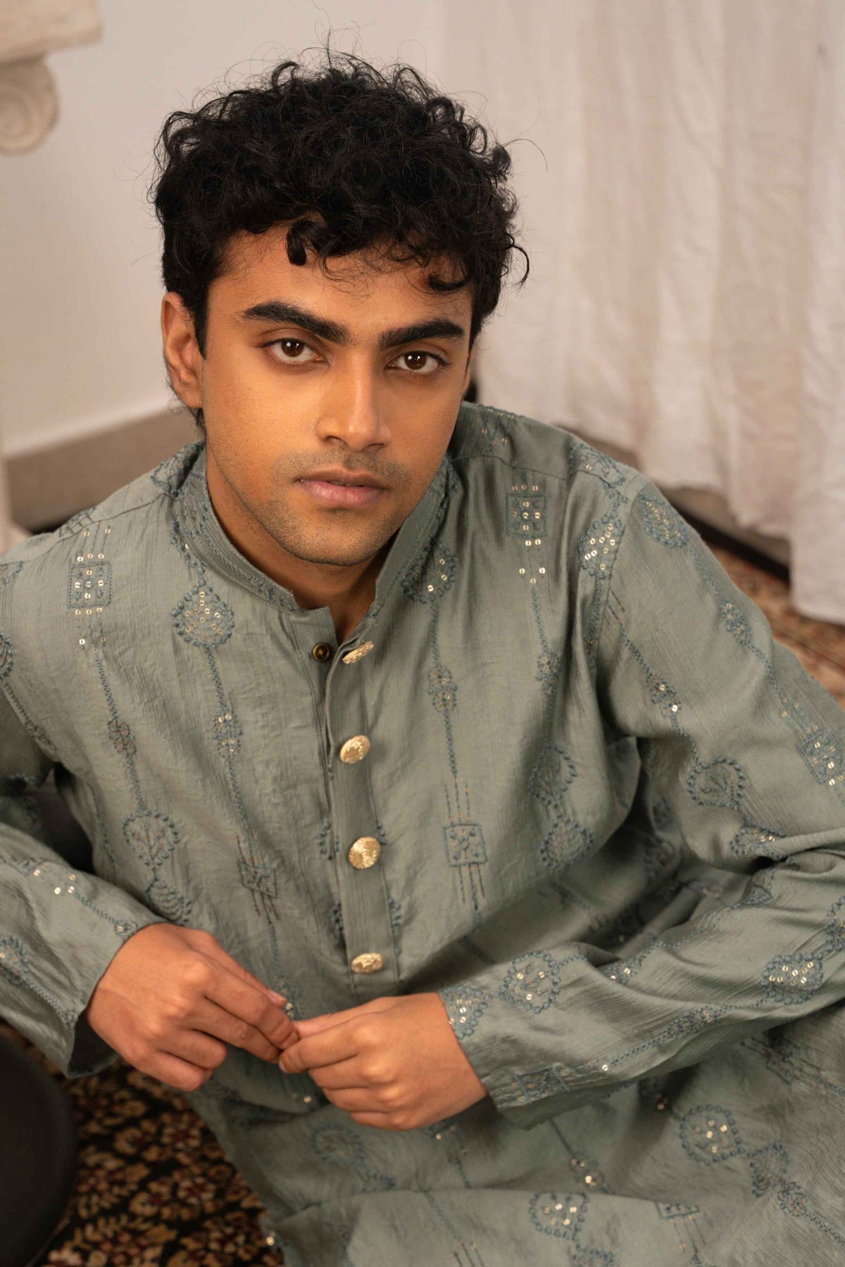 Rehman Embroidered Green Panjabi with Gold Buttons