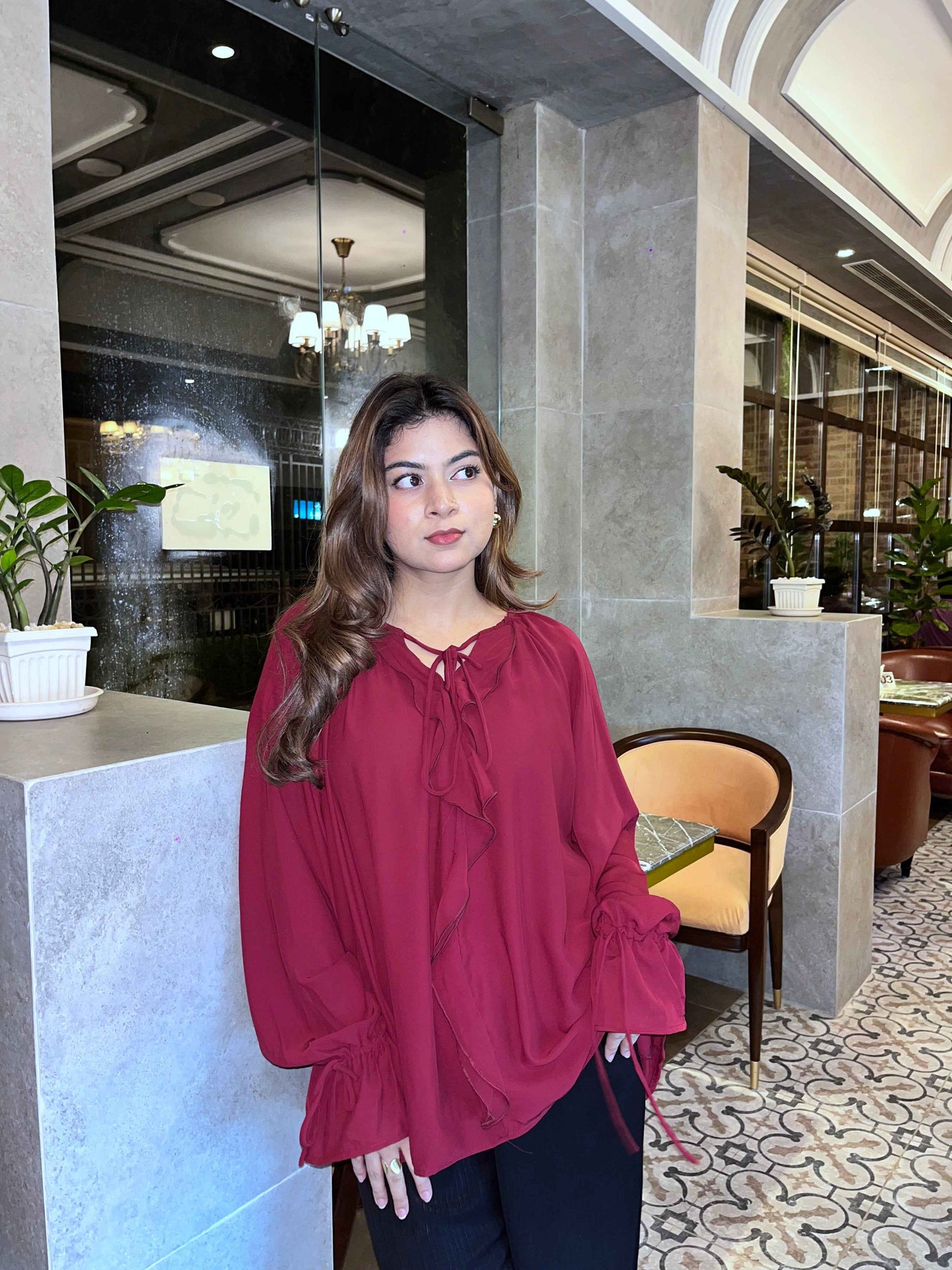 Signorina Burgundy Ruffled Top