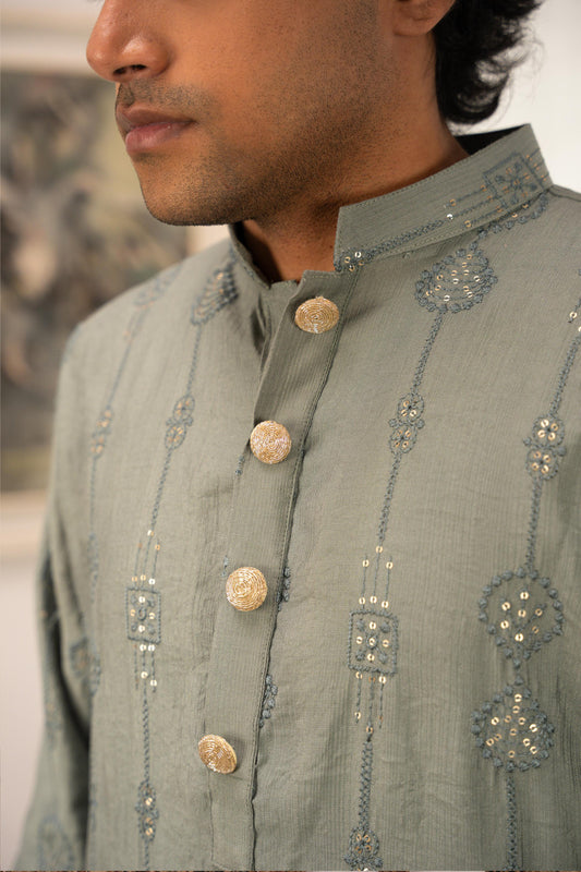 Rehman Embroidered Green Panjabi with Gold Buttons