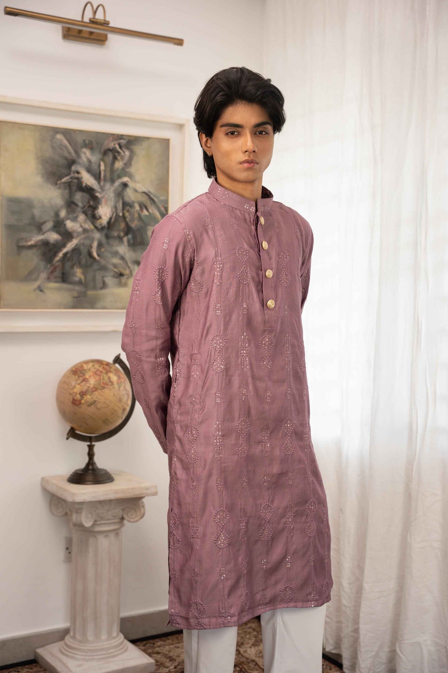Rehman Embroidered Mauve Panjabi with Gold Buttons