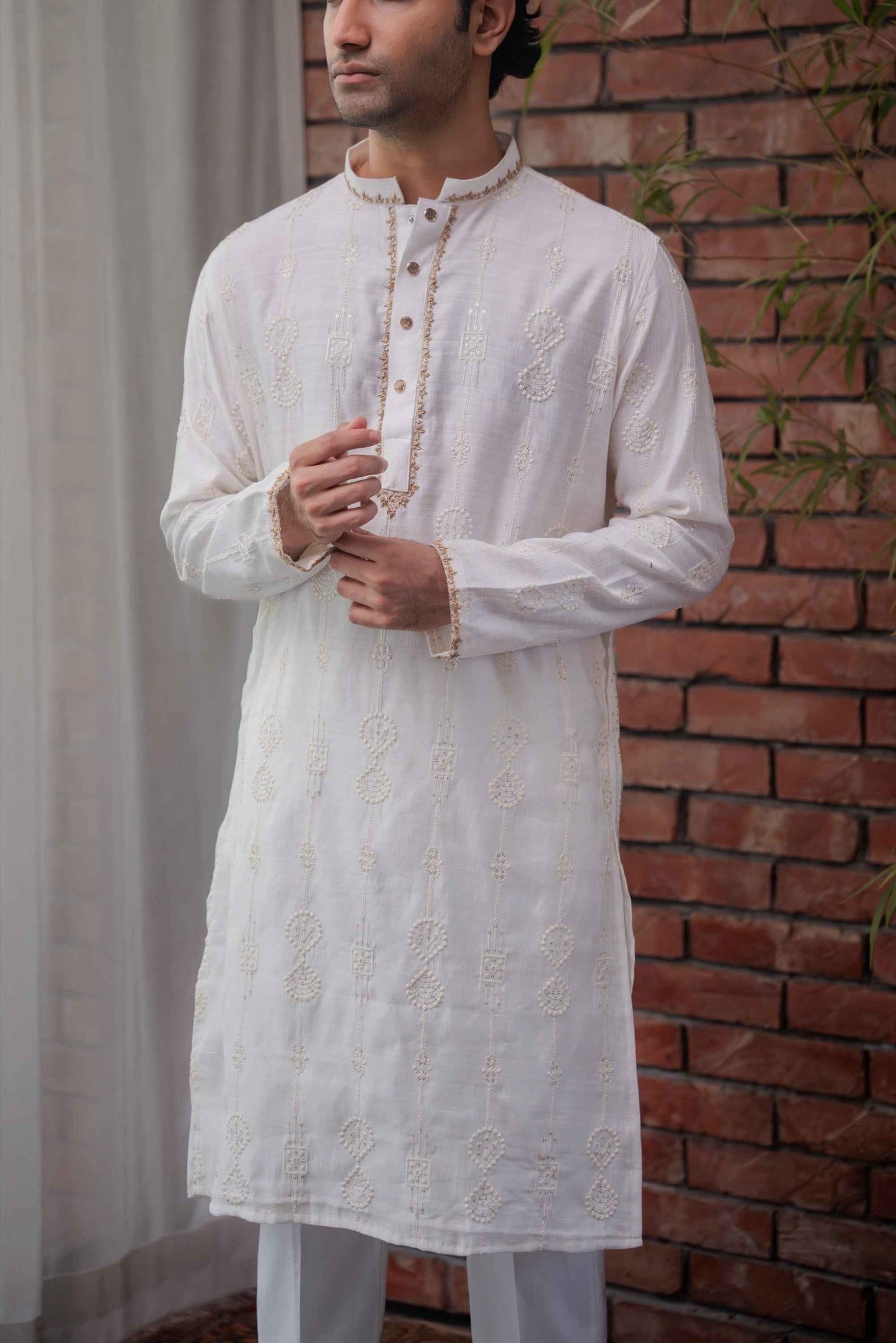 Nayab Embroidered Panjabi in Porcelain White