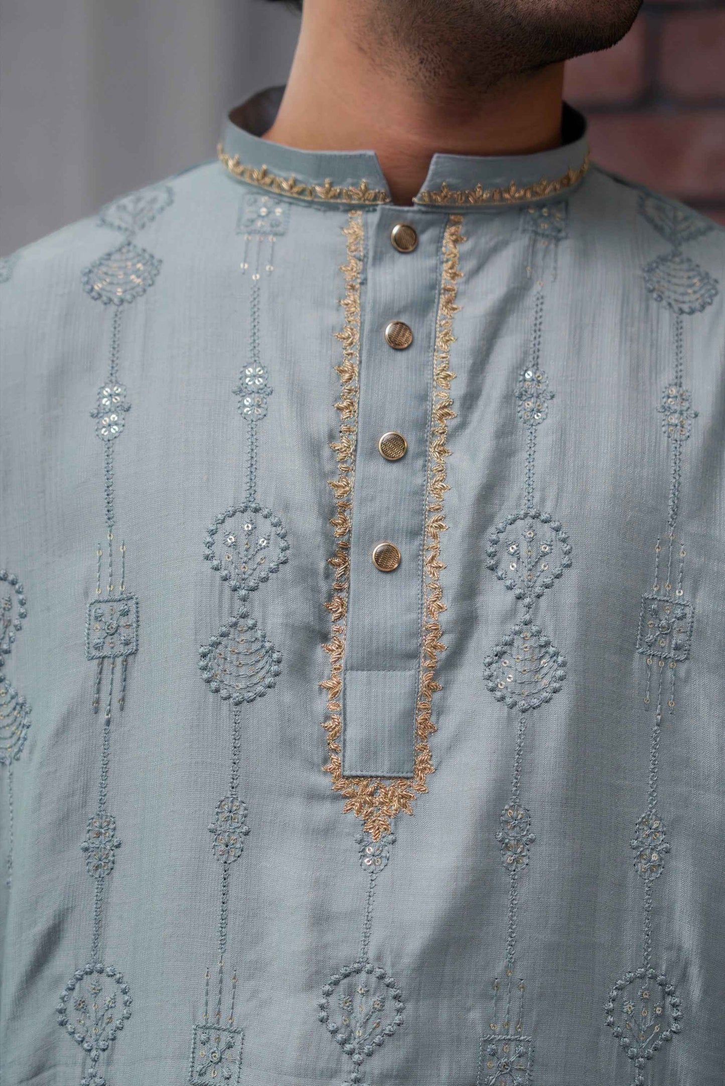 Nayab Embroidered Panjabi in Steel Blue