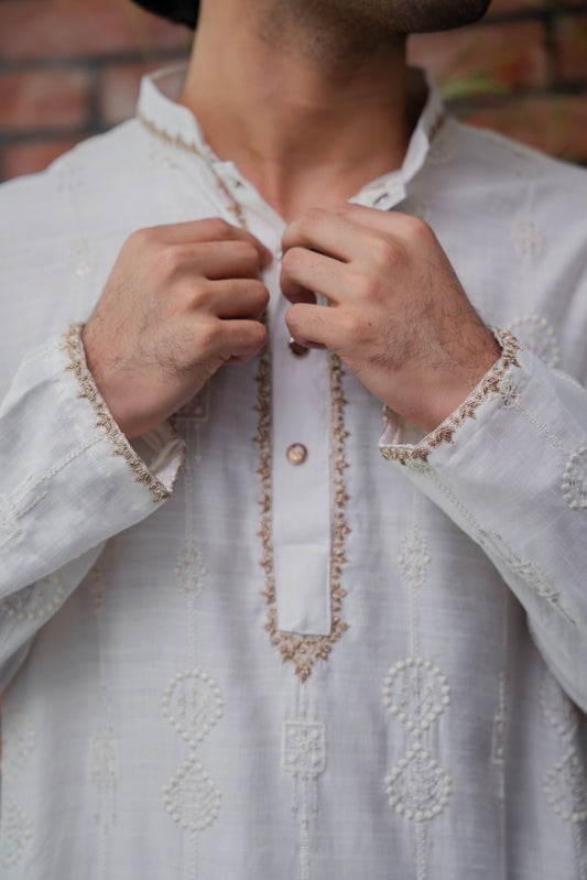 Nayab Embroidered Panjabi in Porcelain White