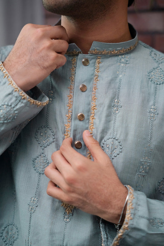 Nayab Embroidered Panjabi in Steel Blue