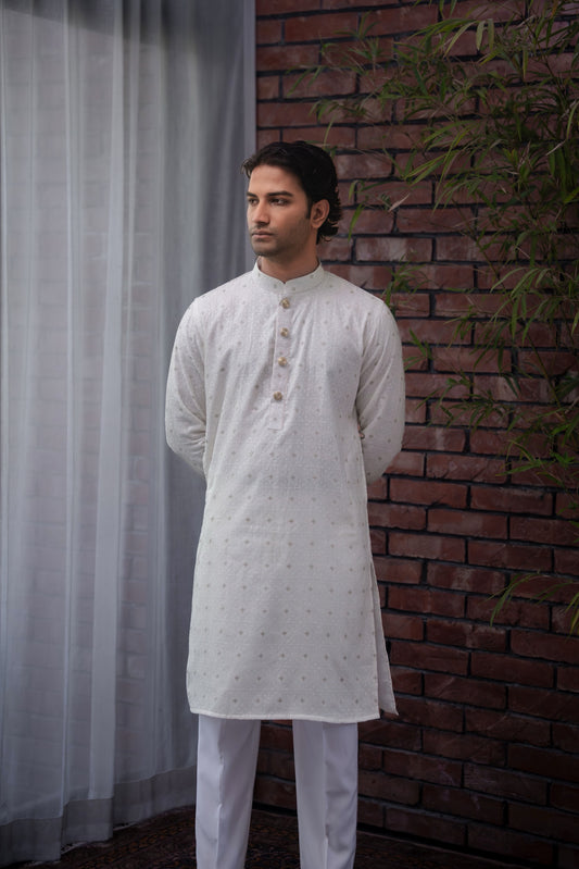 Aydan Embroidered Panjabi in Pearl White