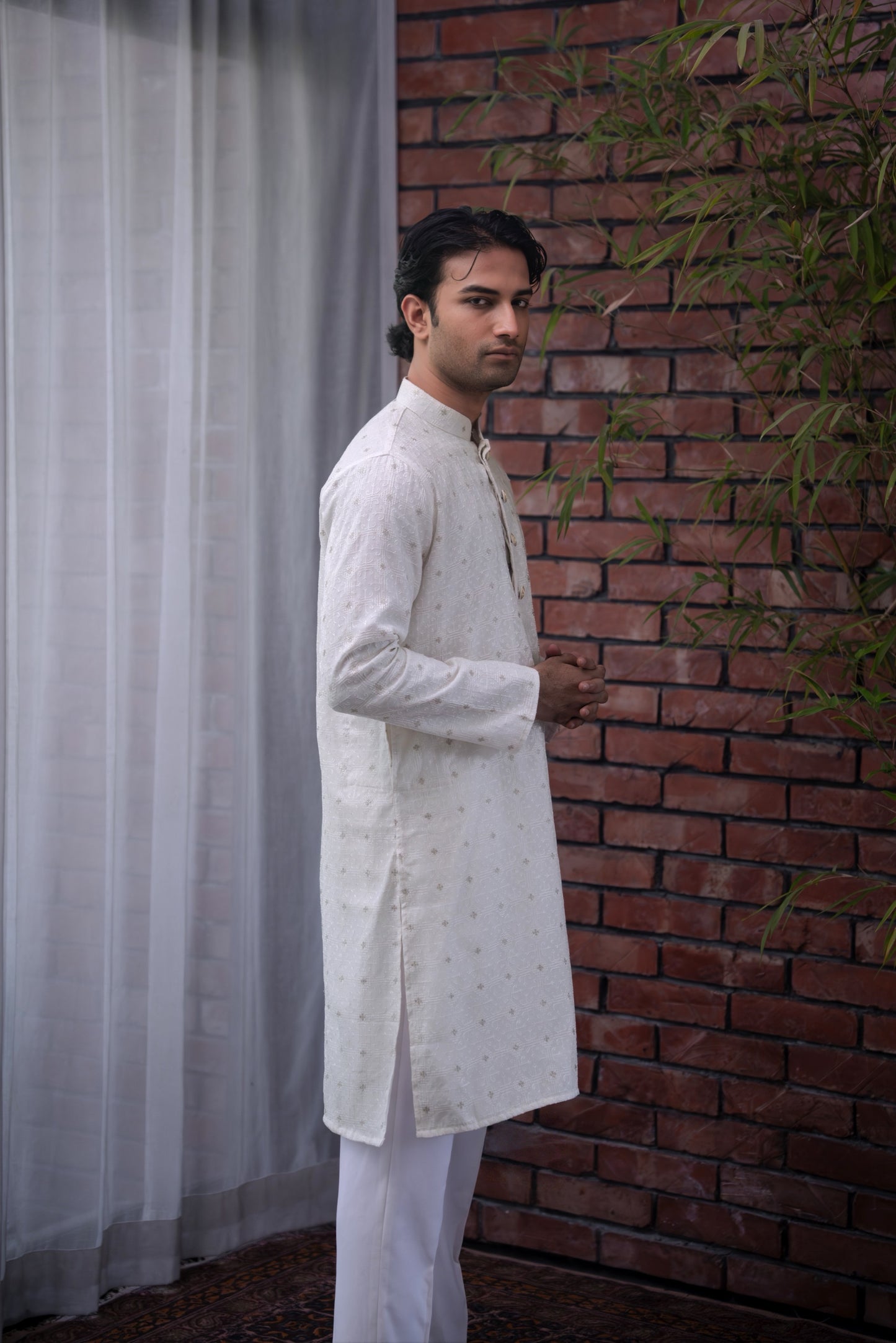 Aydan Embroidered Panjabi in Pearl White