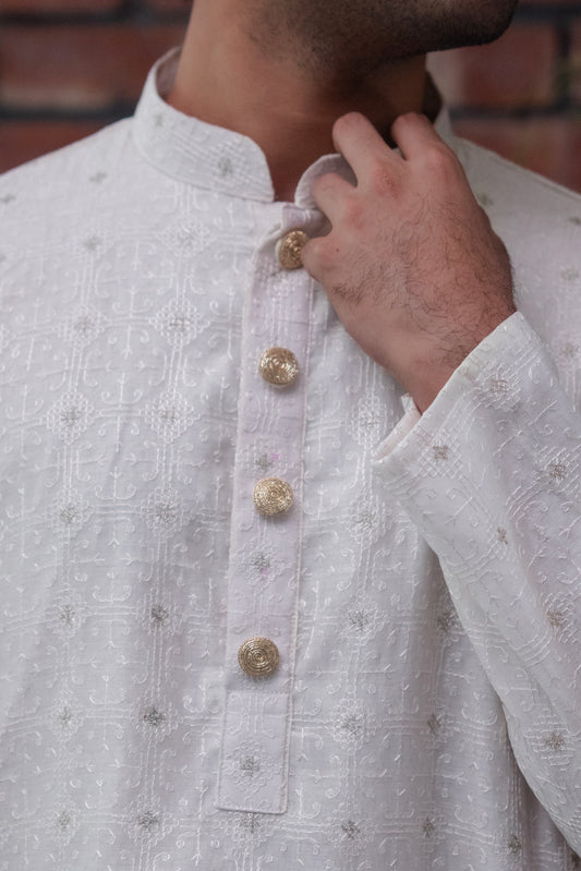 Aydan Embroidered Panjabi in Pearl White