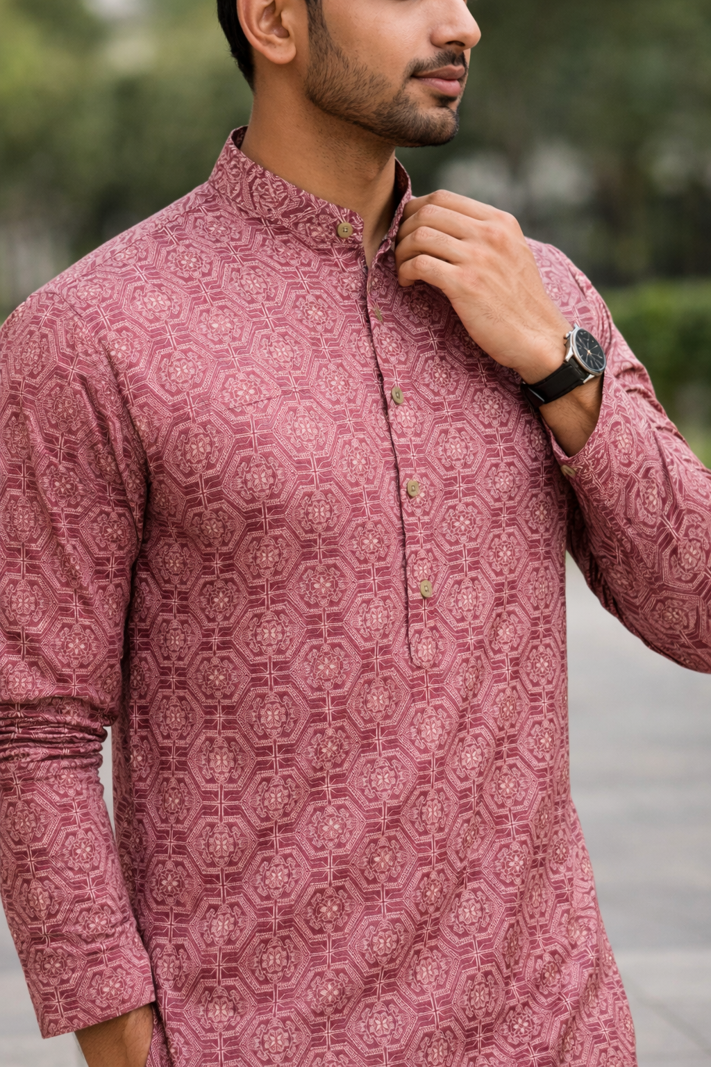 Ayaan Patterned Panjabi in Rosewood