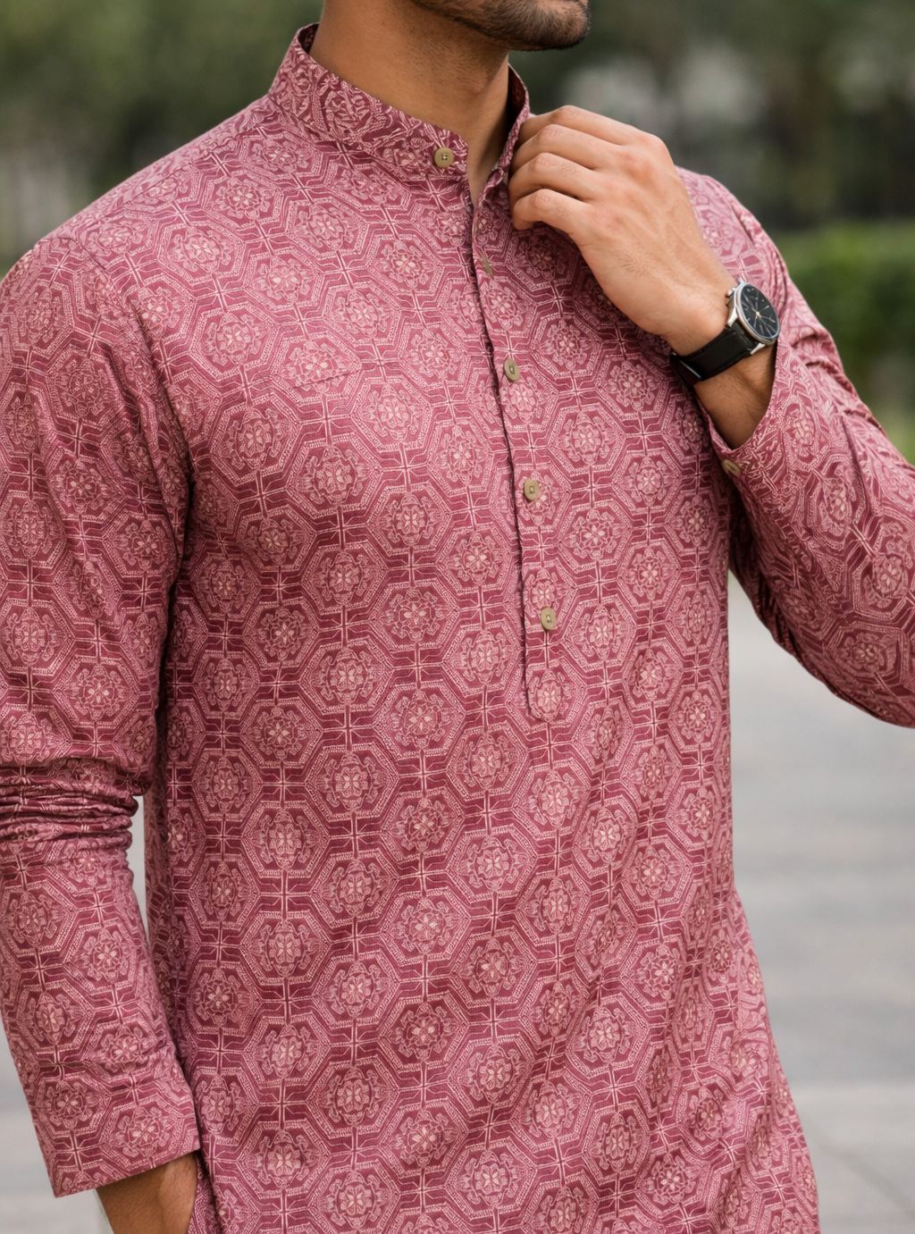 Ayaan Patterned Panjabi in Rosewood