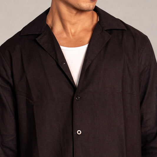 Verona Cuban Collar Linen Shirt – Jet Black
