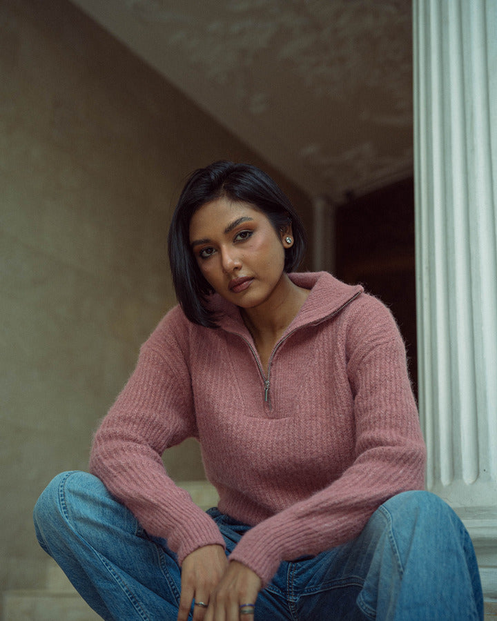 Rose Pink Quarter Zip Sweater