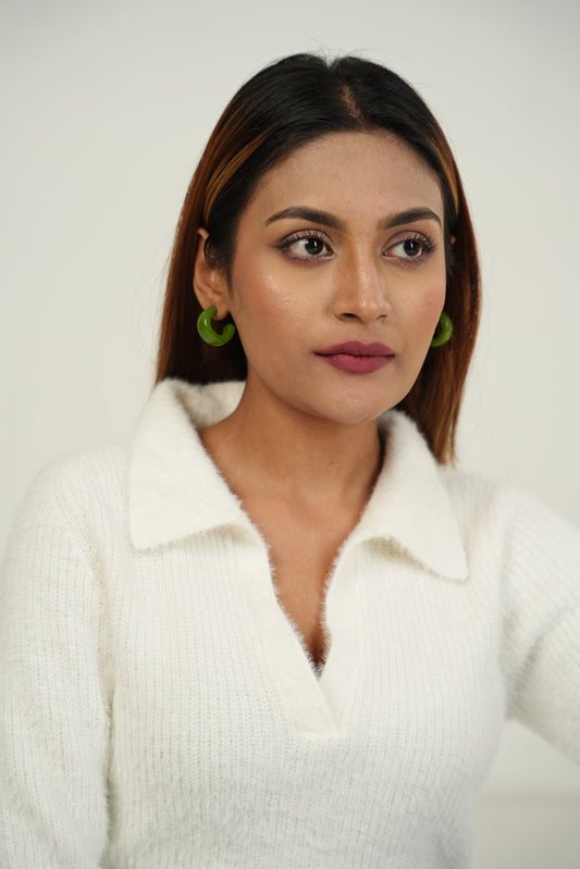 Fuzzy Knit Polo in White