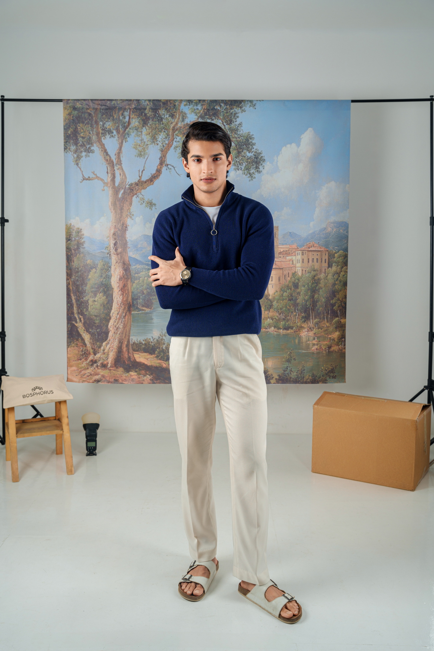 Mock Neck Zipper Sweater in Navy