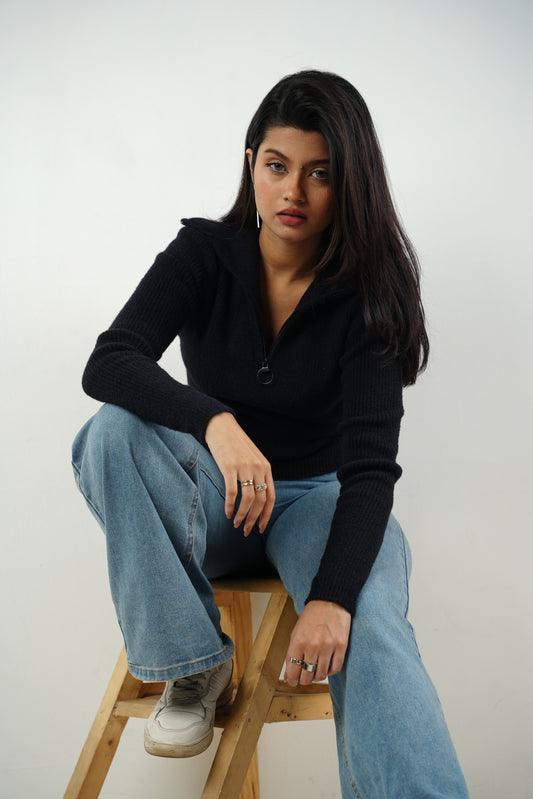 Jet Black Zip Collar Jumper