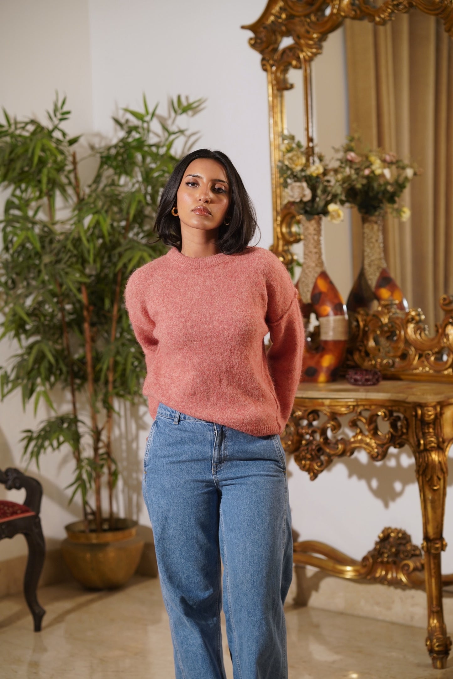 Bianca Pink Textured Crewneck Sweater