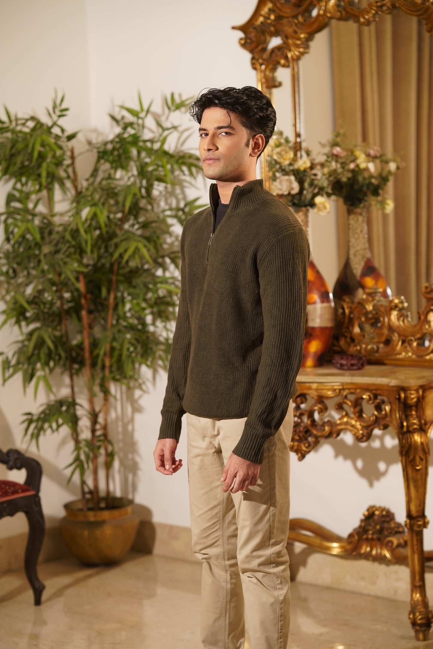 Olive Green Quarter Zip Sweater