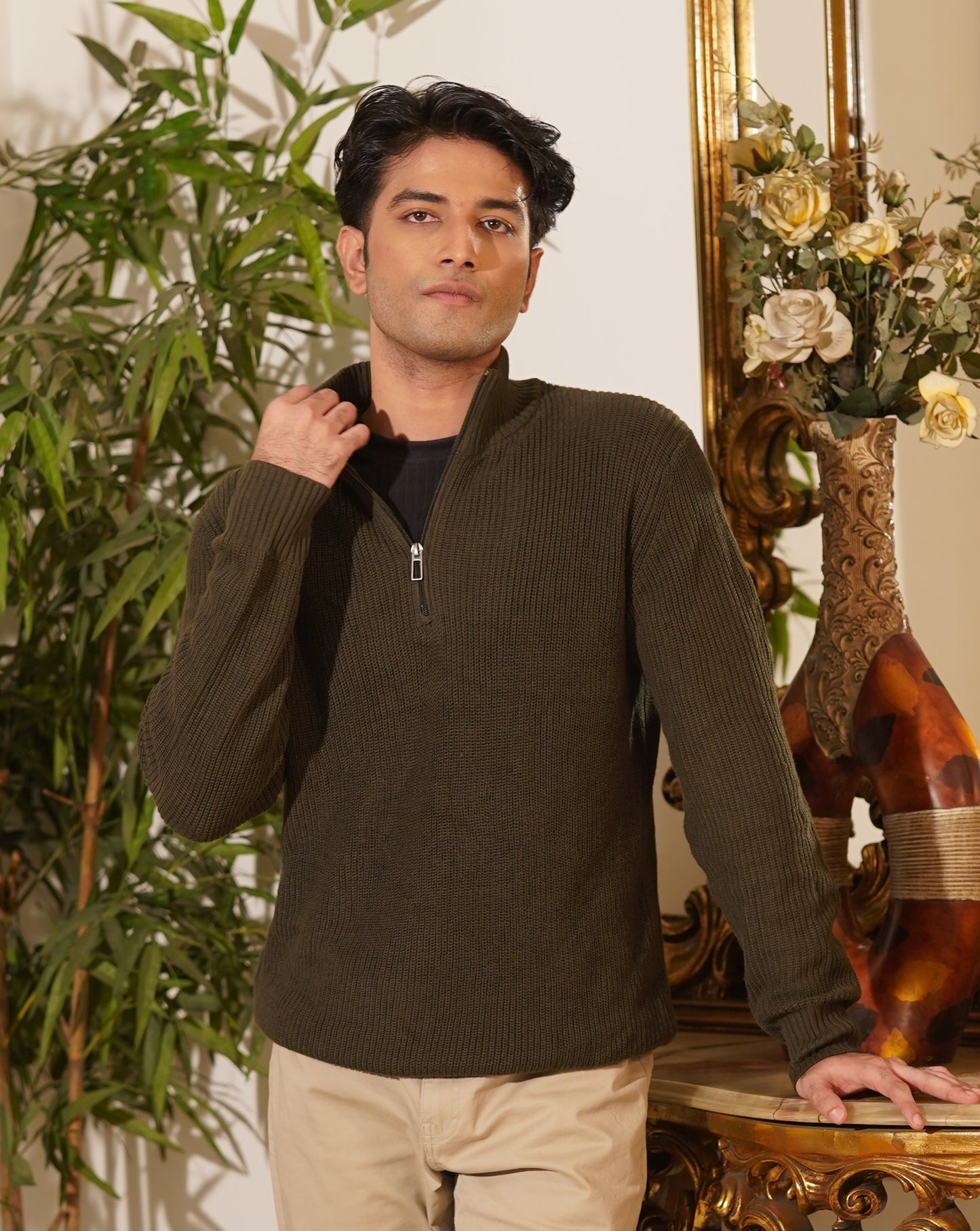 Olive Green Quarter Zip Sweater