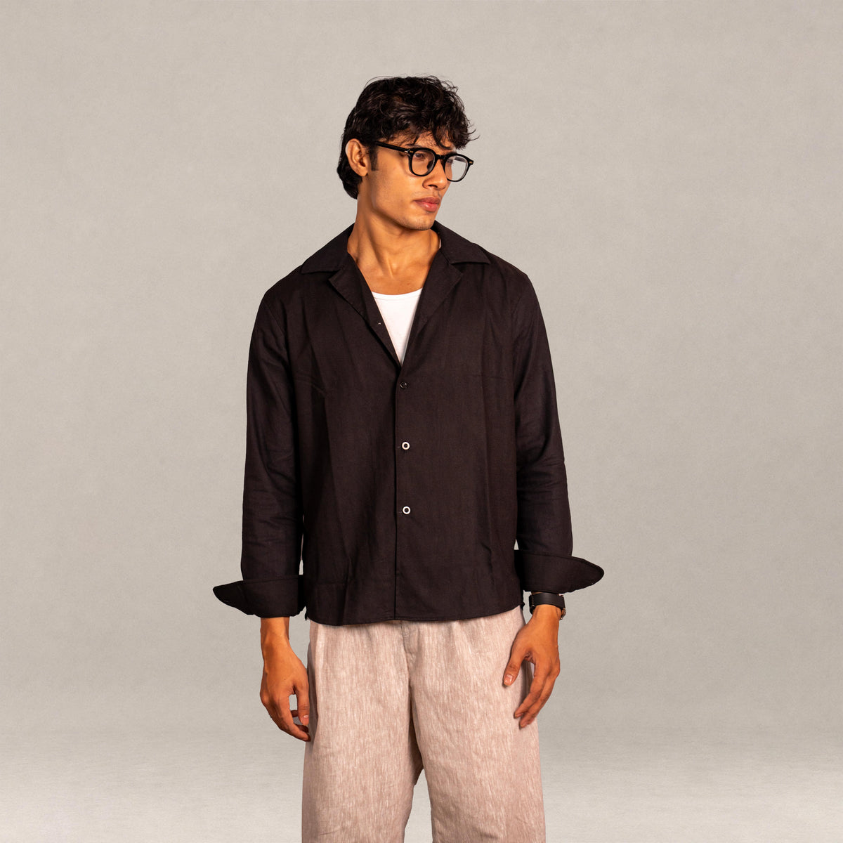 Verona Cuban Collar Linen Shirt – Jet Black