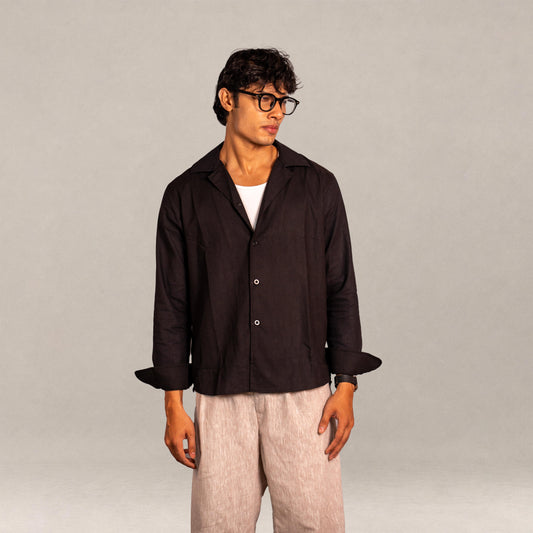 Verona Cuban Collar Linen Shirt – Jet Black