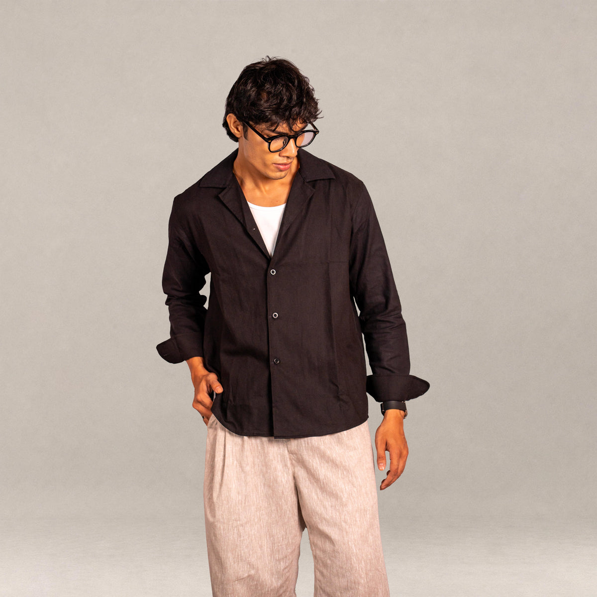 Verona Cuban Collar Linen Shirt – Jet Black