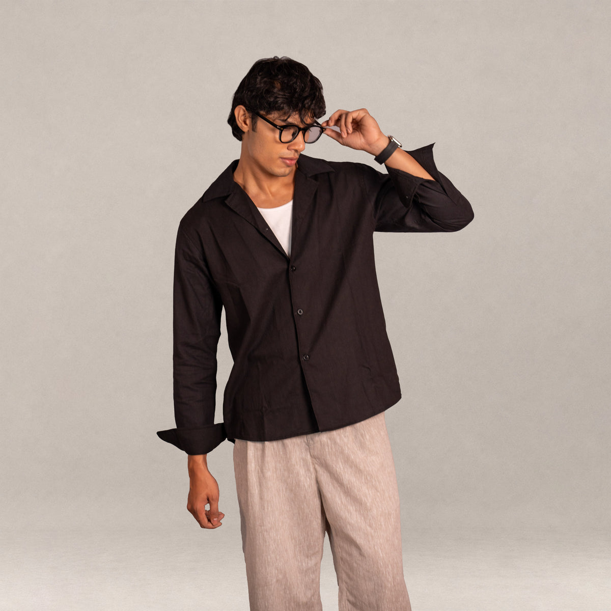 Verona Cuban Collar Linen Shirt – Jet Black