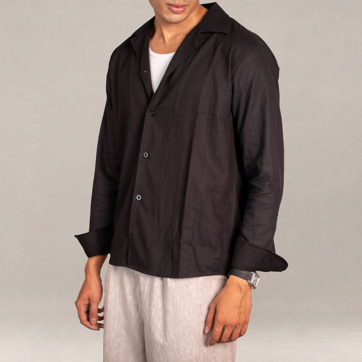 Verona Cuban Collar Linen Shirt – Jet Black