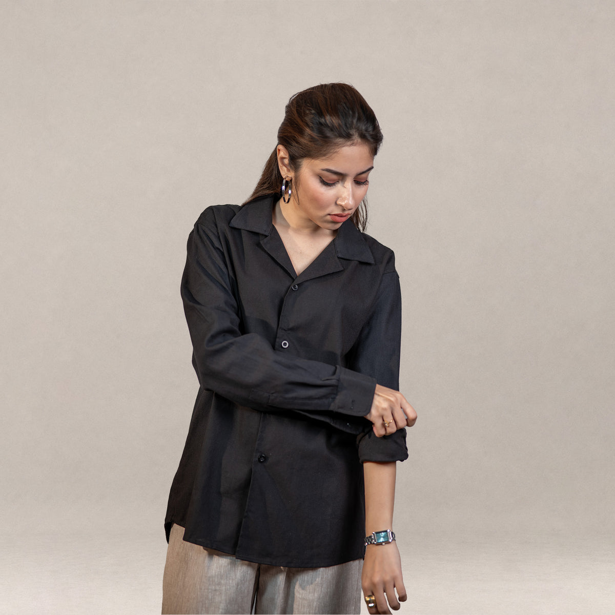 Verona Cuban Collar Linen Shirt – Jet Black