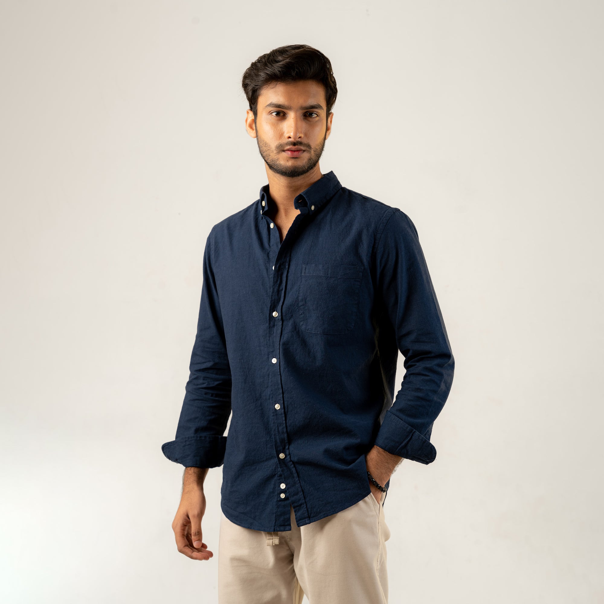Navy Linen Effect Shirt