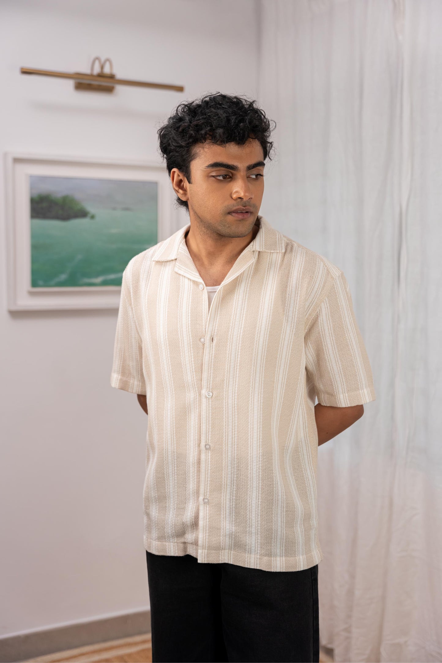 Beige Striped Cuban Shirt