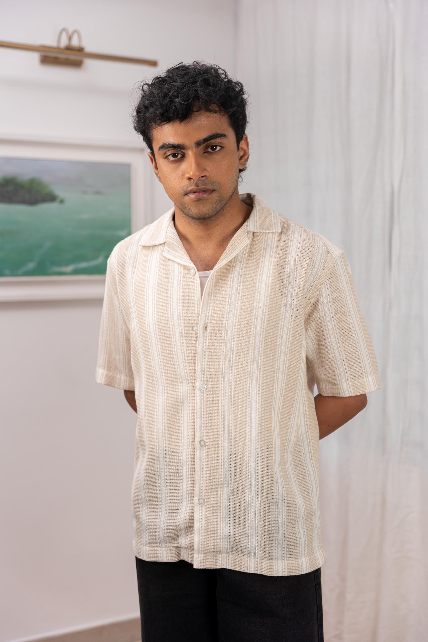 Beige Striped Cuban Shirt