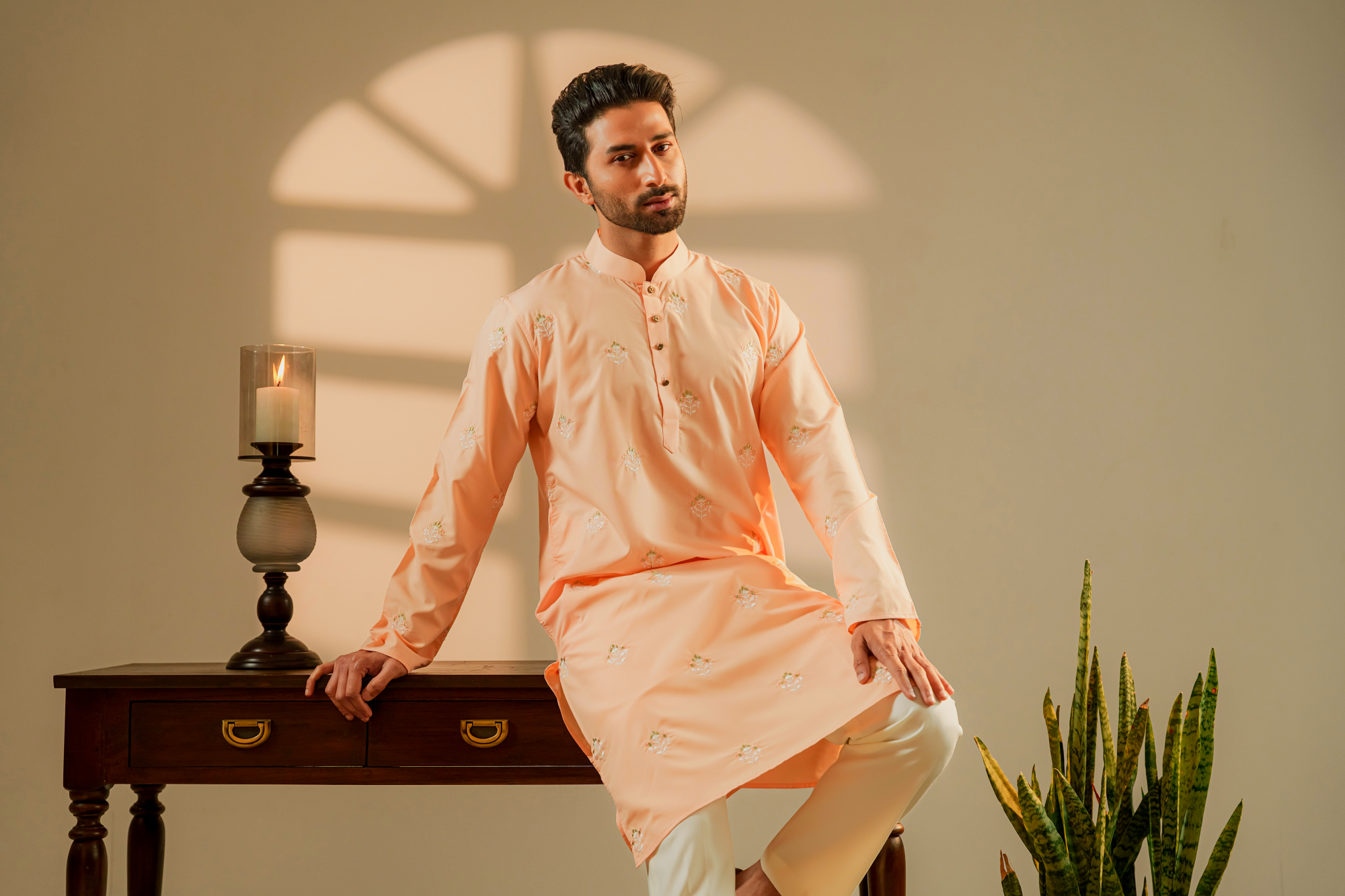 Amir Embroidered Panjabi in Peach