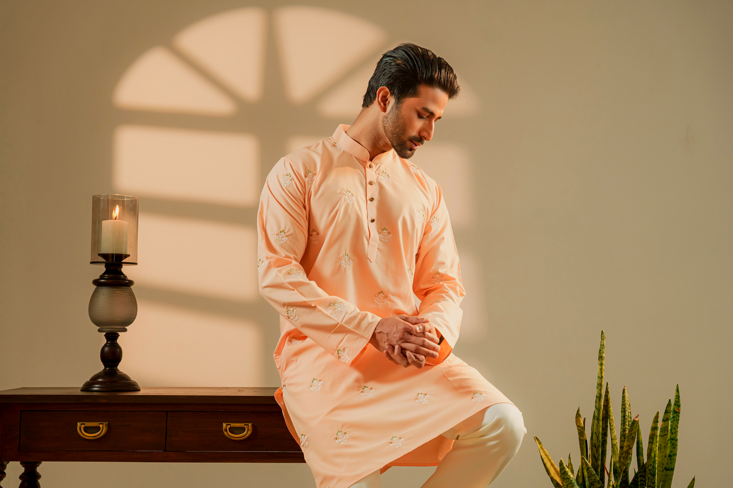 Amir Embroidered Panjabi in Peach