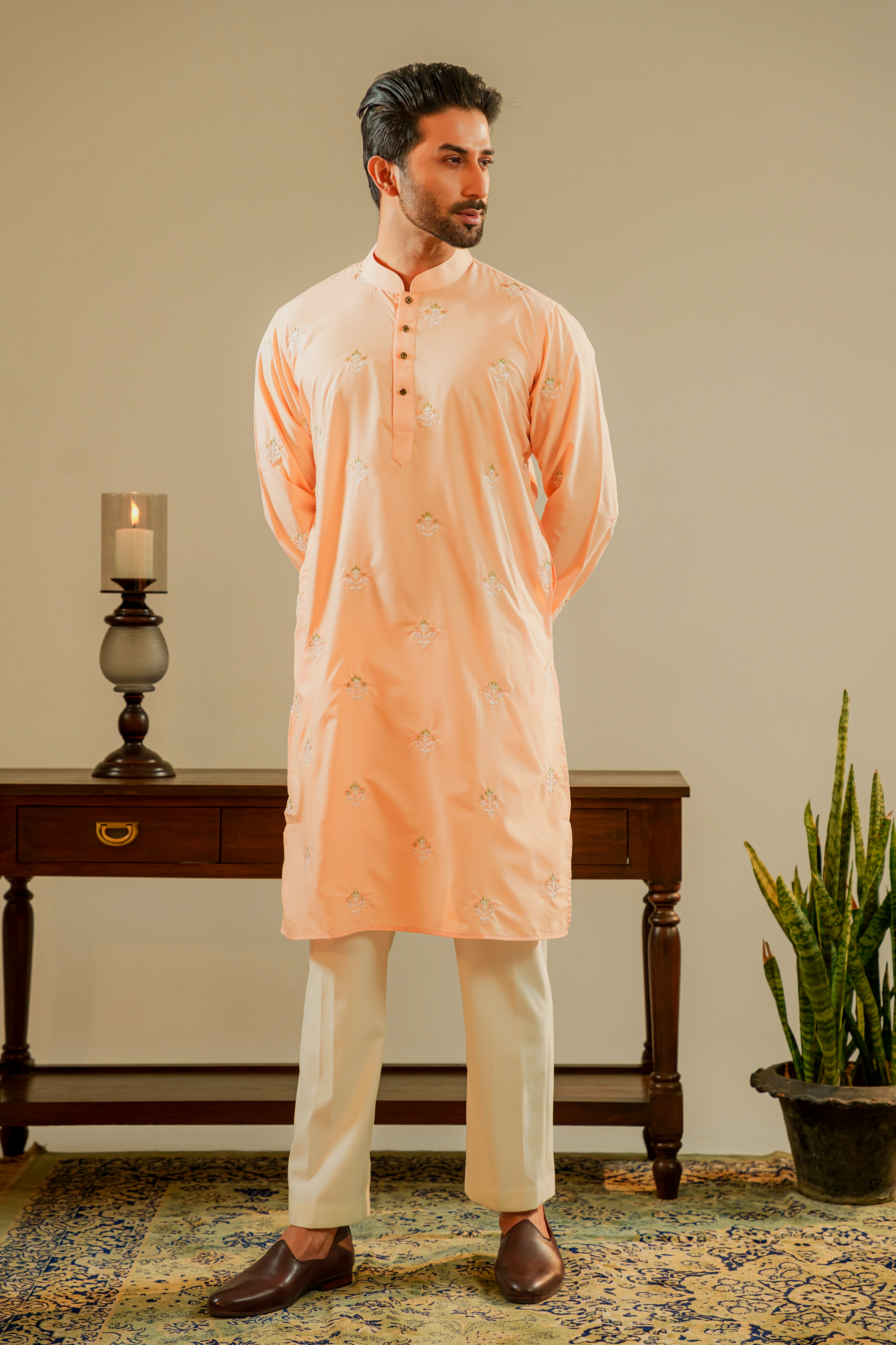 Amir Embroidered Panjabi in Peach