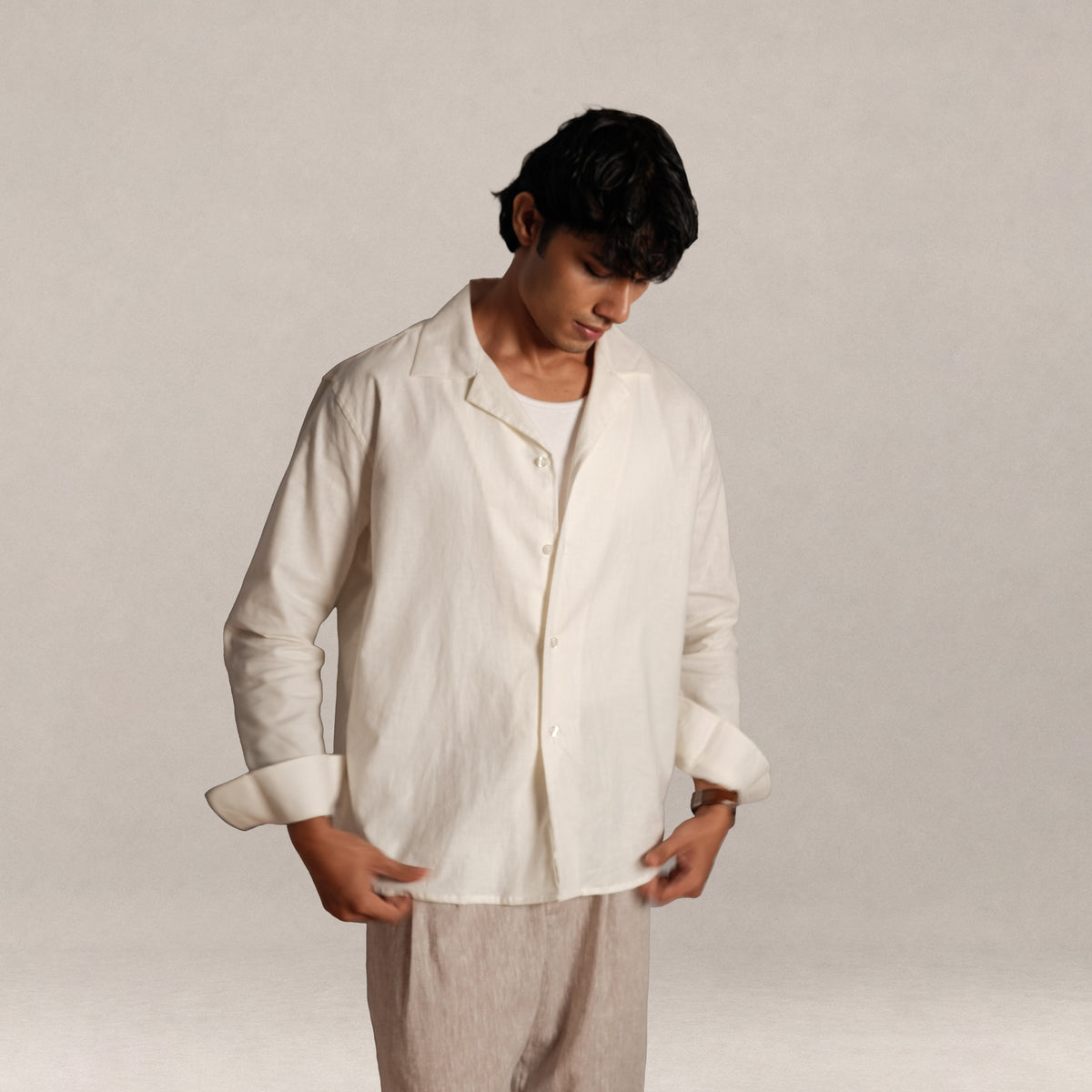 Verona Cuban Collar Linen Shirt - Ivory White