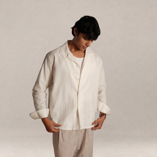Verona Cuban Collar Linen Shirt - Ivory White